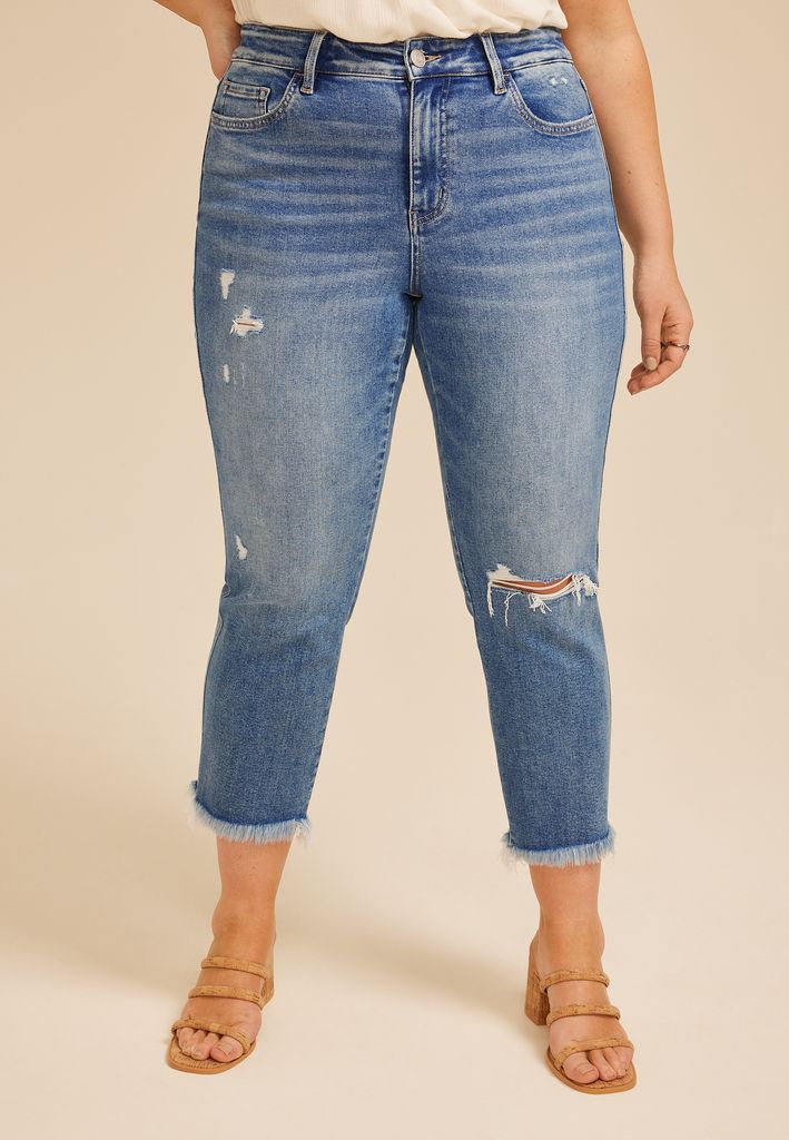 Plus Size Flying Monkey™ Mid Rise Frayed Hem Slim Straight Ankle Jean - Image 3