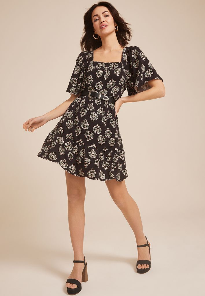 Printed Flutter Sleeve Babydoll Dress - Image 3