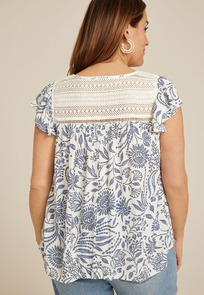 Plus Size Floral Crochet Embroidered Tie Front Blouse - Image 2