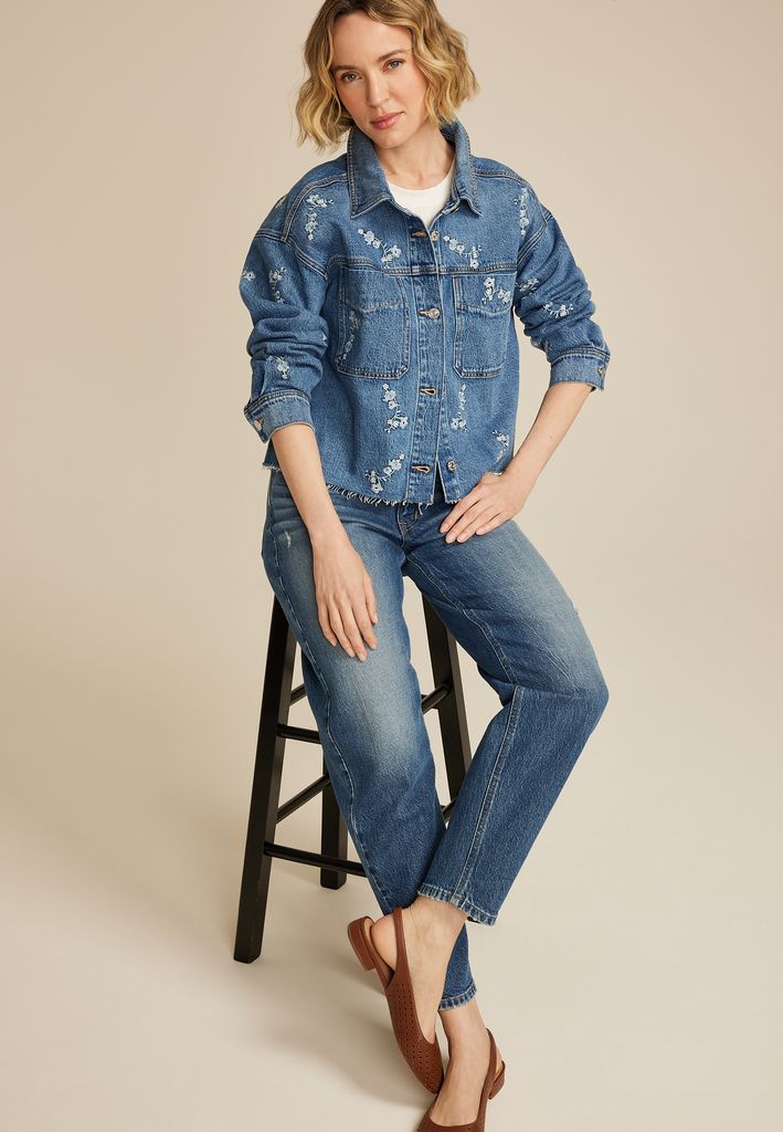 Embroidered Floral Cropped Denim Jacket - Image 3