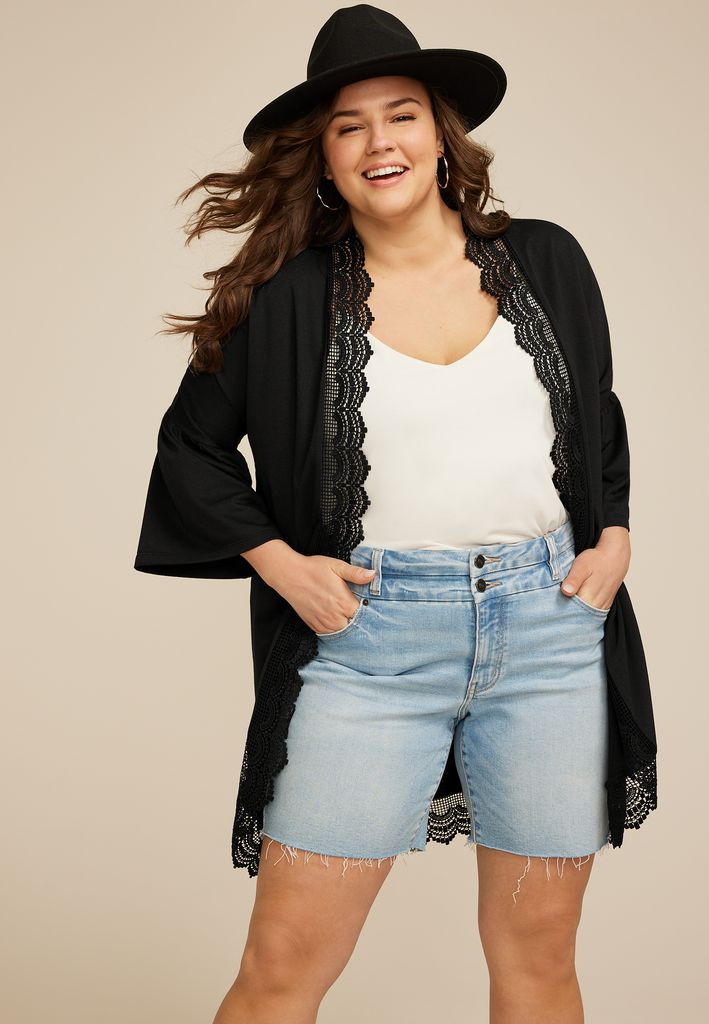 Plus Size Crochet Trim Curved Hem Kimono - Image 3