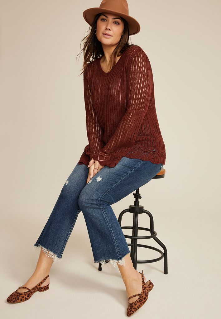 Plus Size Open Stitch Bell Sleeve Sweater - Image 3