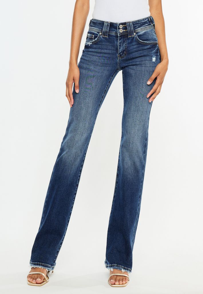 KanCan™ Mid Rise Double Button Frayed Hem Bootcut Jean