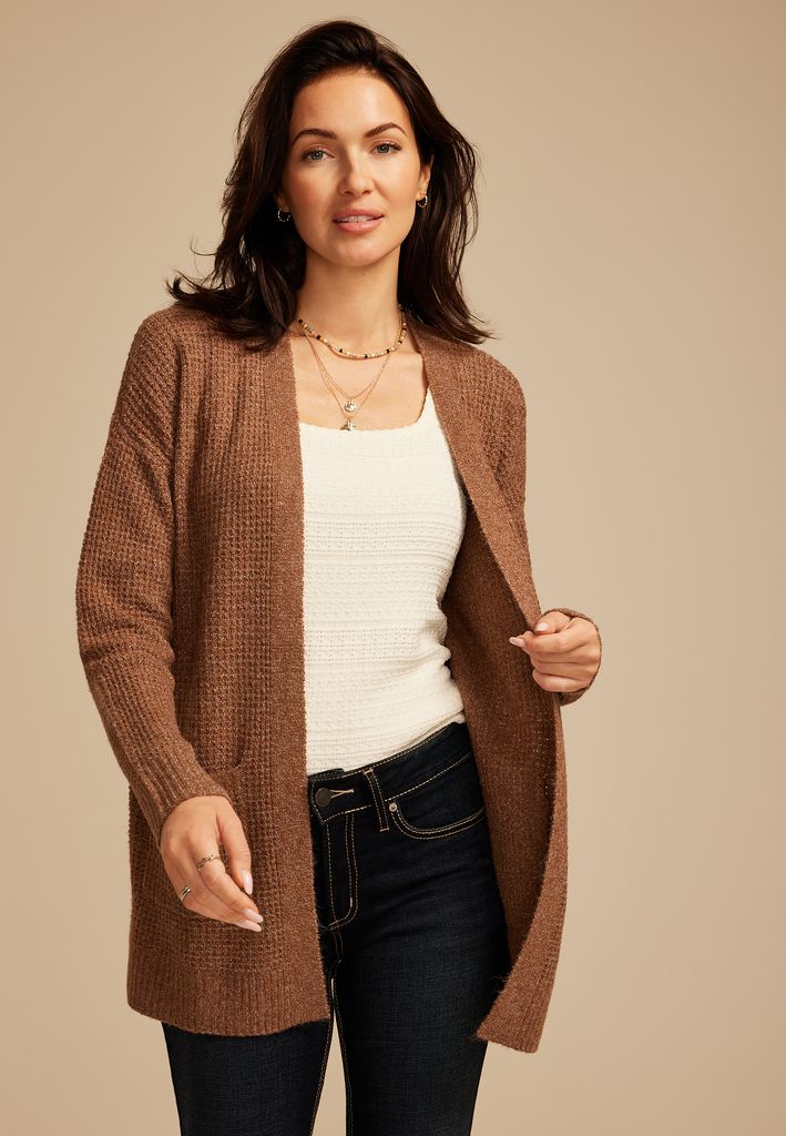 90s Waffle Knit Slouch Open Front Cardigan - Image 3