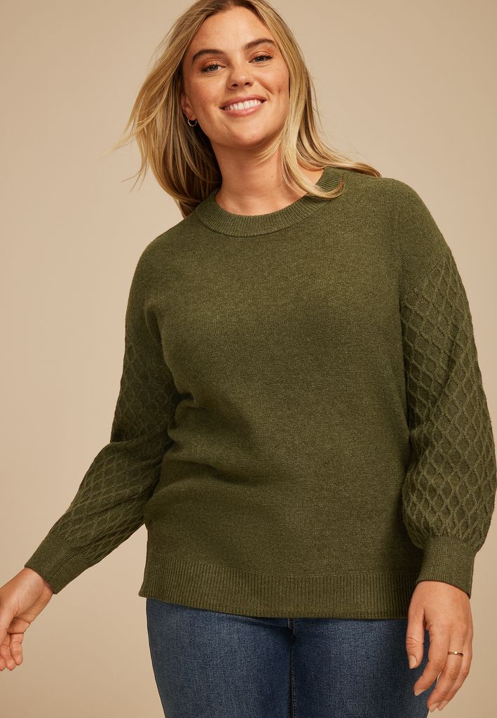 Plus Size Honeycomb Sleeve Crew Neck Sweater - Image 3