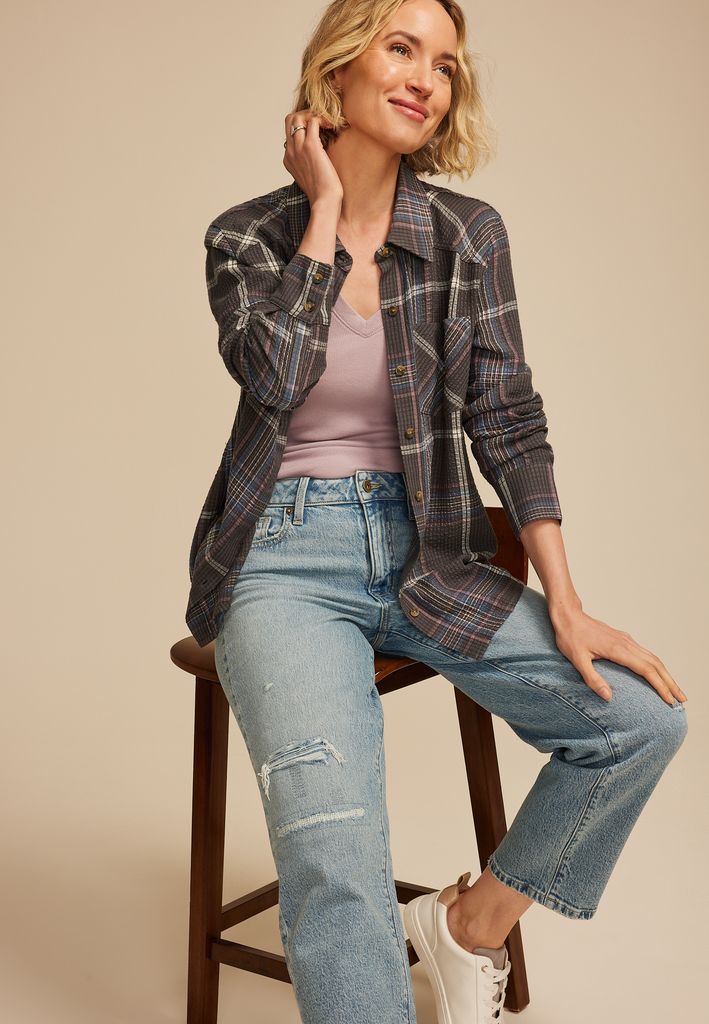 Pucker Plaid Button Down Shirt - Image 3