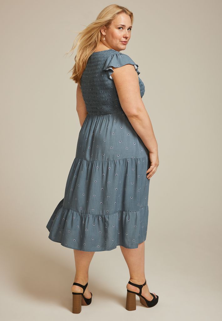 Plus Size Printed Flutter Sleeve Smocked Midi Dress - Image 2