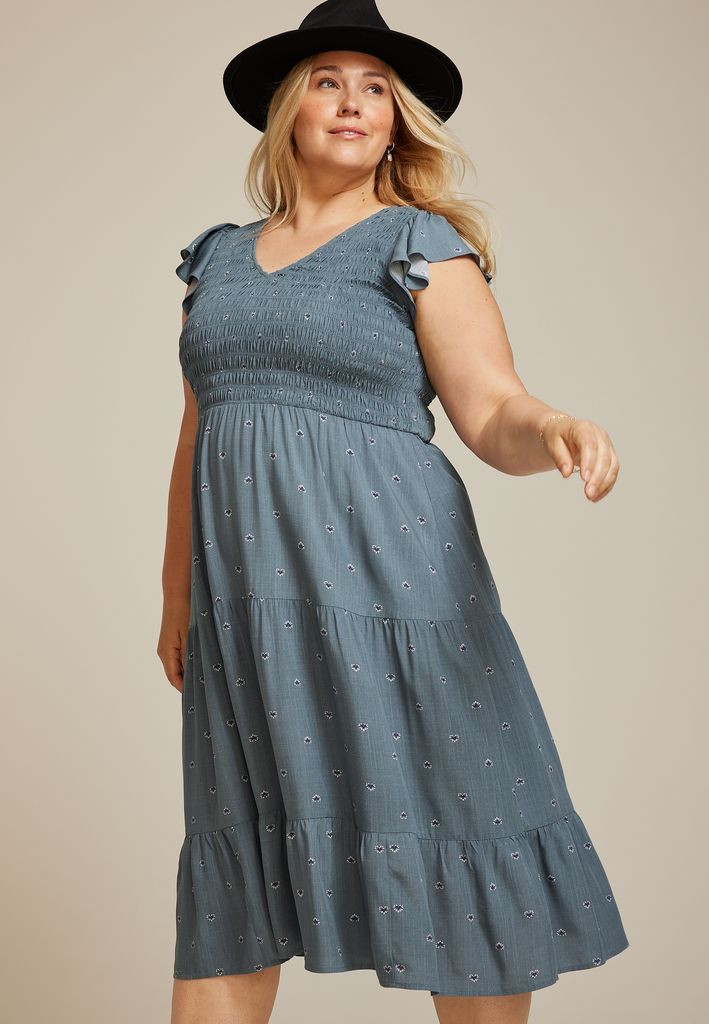 Plus Size Printed Flutter Sleeve Smocked Midi Dress - Image 3