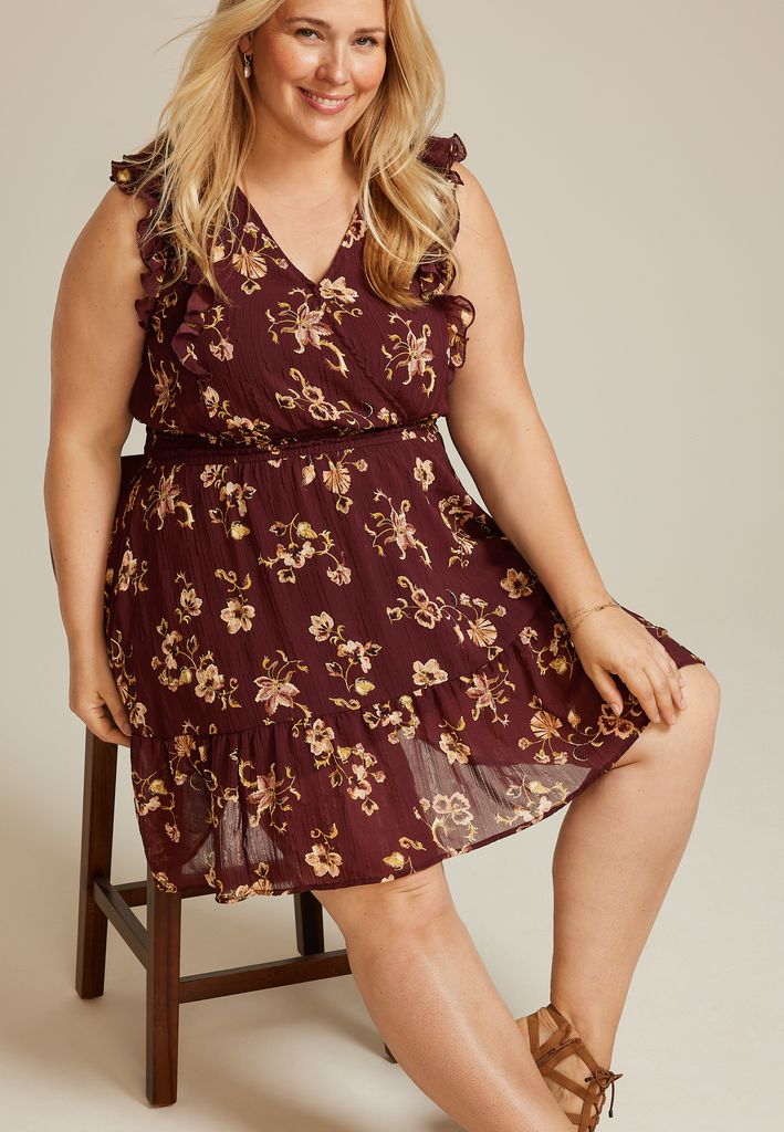 Plus Size Bare Floral Ruffle V Neck Skater Dress - Image 3