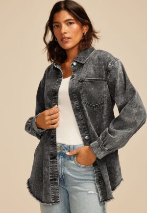 Washed Black Fray Hem Shacket