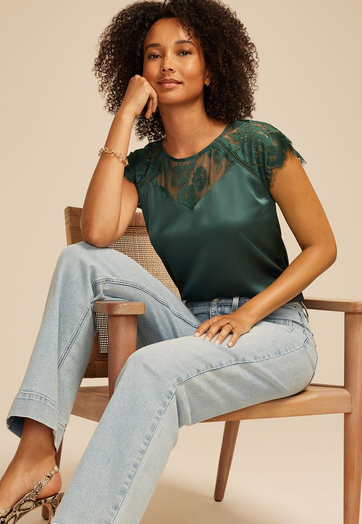Mixed Fabric Lace Short Sleeve Blouse - Image 3