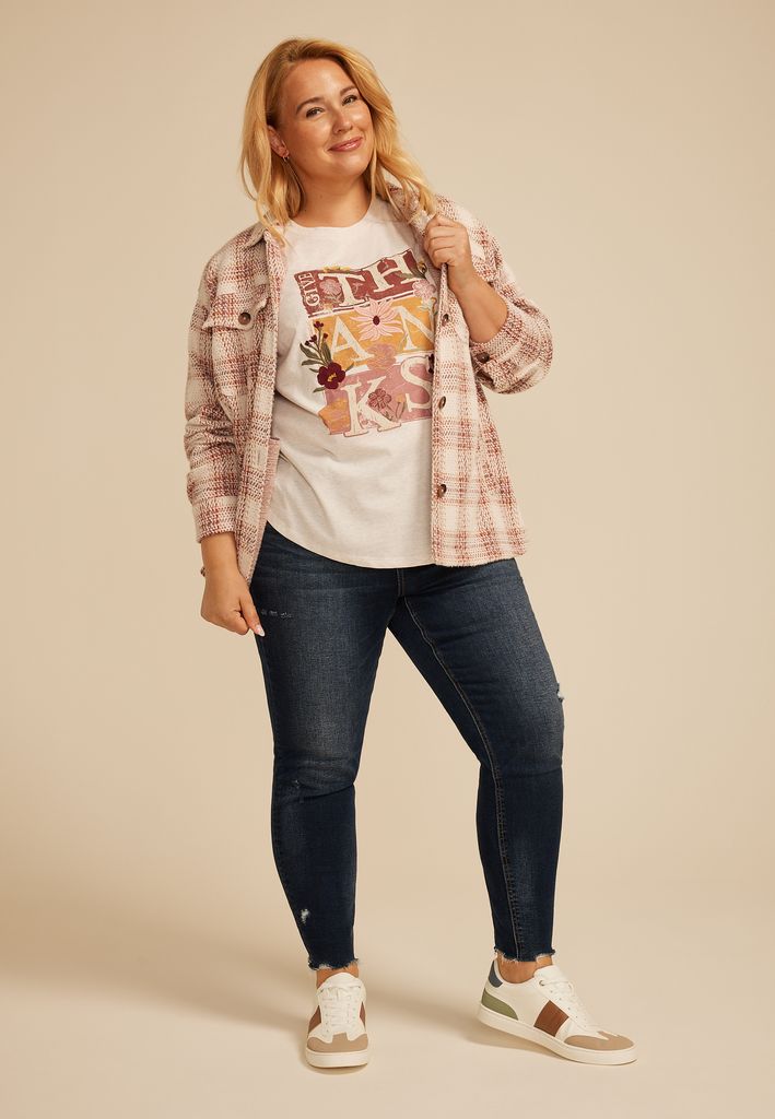 Plus Size Floral Embroidered Give Thanks Classic Fit Graphic Tee - Image 3
