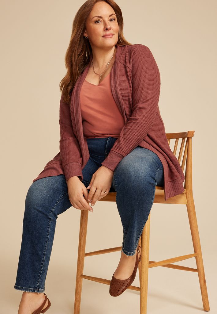 Plus Size Waffle Knit Curved Hem Cardigan - Image 3