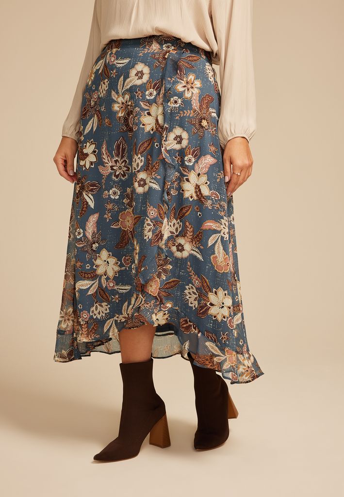 Plus Size Blue Floral Faux Wrap Maxi Skirt - Image 3