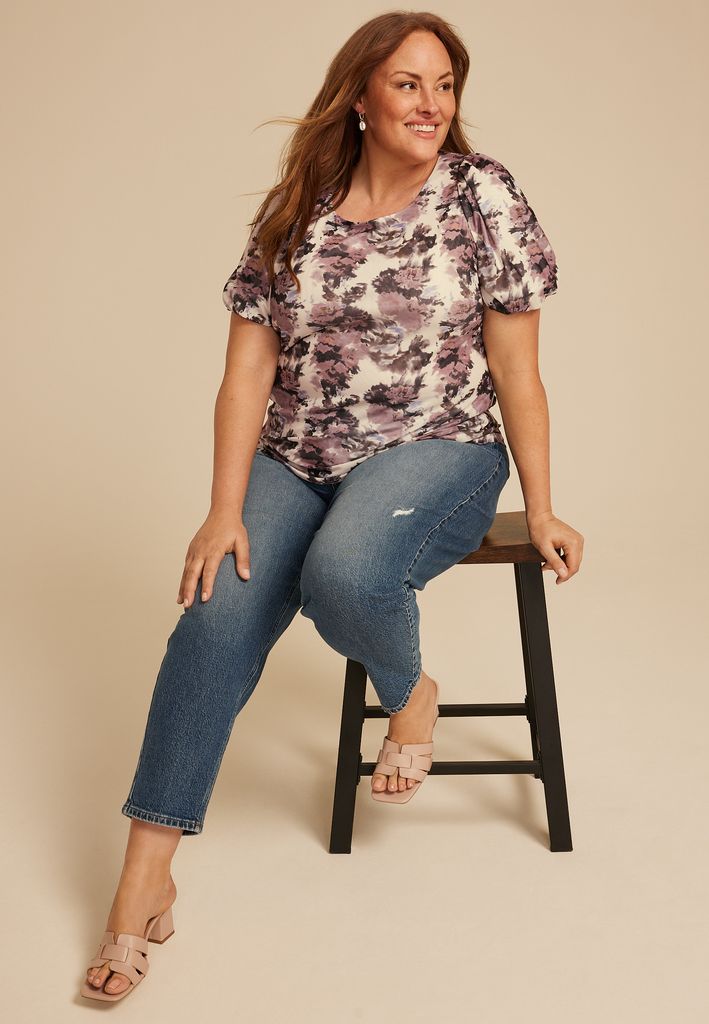 Plus Size Studio Y Abstract Floral Mesh Puff Sleeve Blouse - Image 3