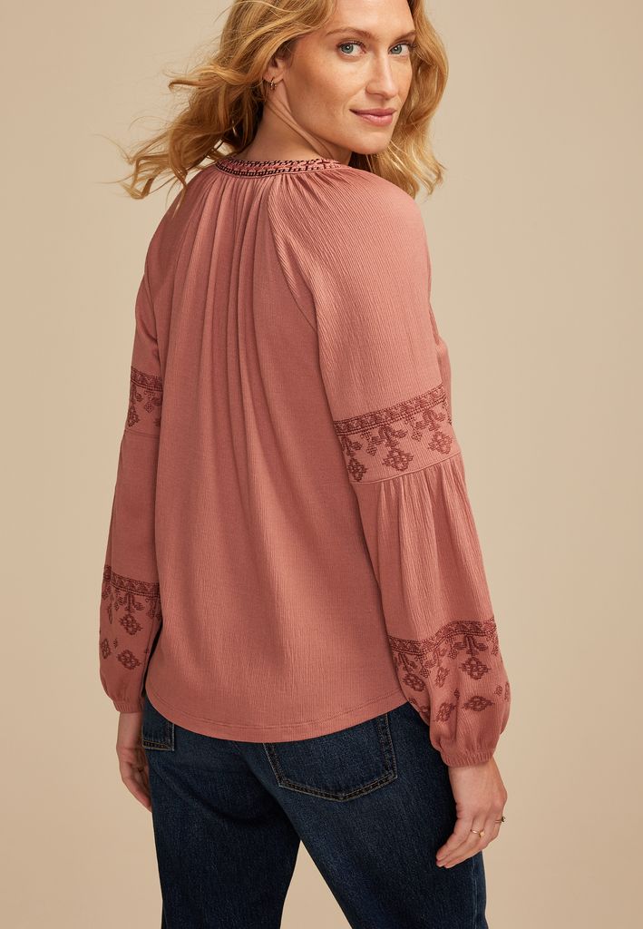 Embroidered Gauze Blouson Sleeve Top - Image 2