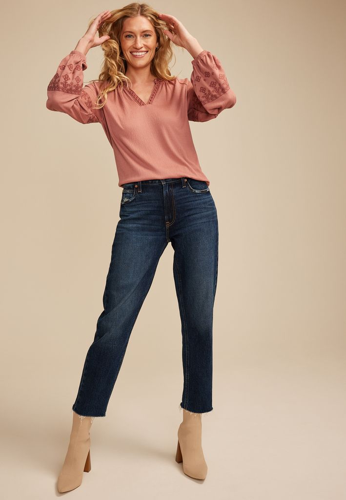 Embroidered Gauze Blouson Sleeve Top - Image 3