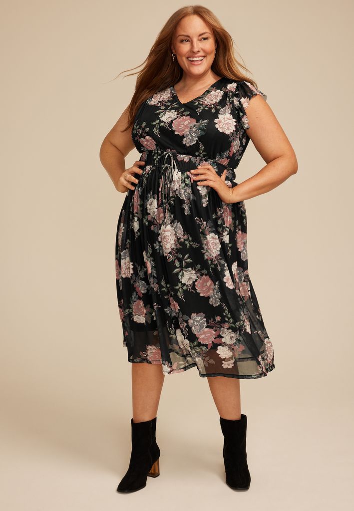Plus Size Floral Mesh Flutter Sleeve Midi Dress - Image 3