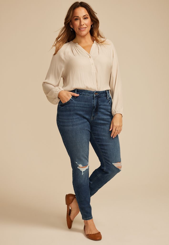 Plus Size edgely™ Dark High Rise Ripped Cheeky Super Skinny Jean - Image 3