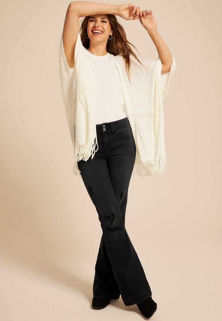 Black High Rise Open Ripped Double Button Flare Jean - Image 3