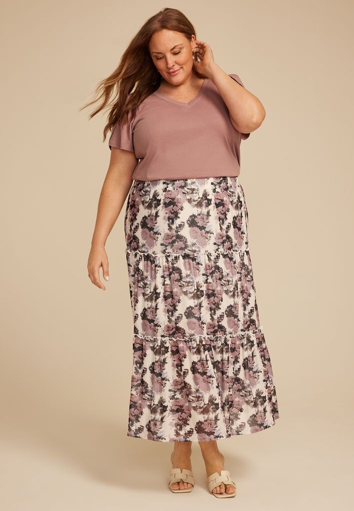 Plus Size Studio Y Abstract Floral Mesh Tiered Maxi Skirt - Image 3