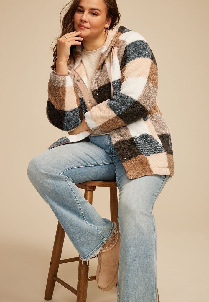 Plus Size Sherpa Plaid Hooded Snap Button Front Jacket