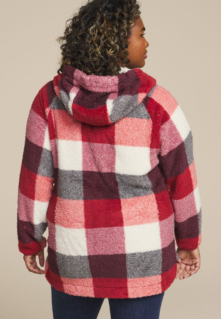 Plus Size Sherpa Plaid Hooded Snap Button Front Jacket - Image 2