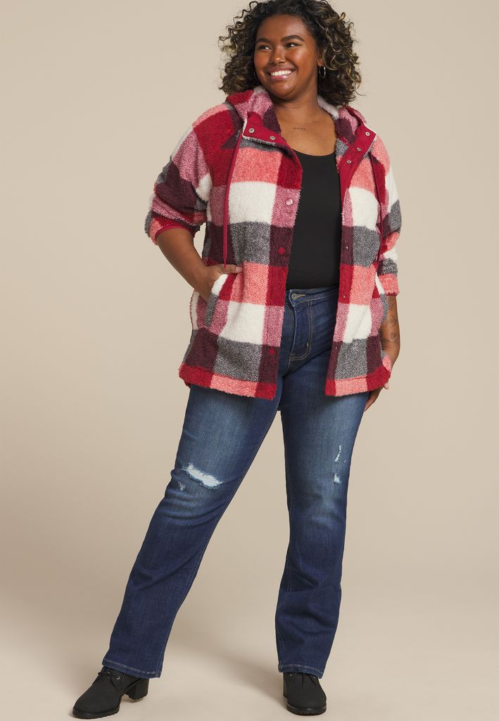 Plus Size Sherpa Plaid Hooded Snap Button Front Jacket - Image 3