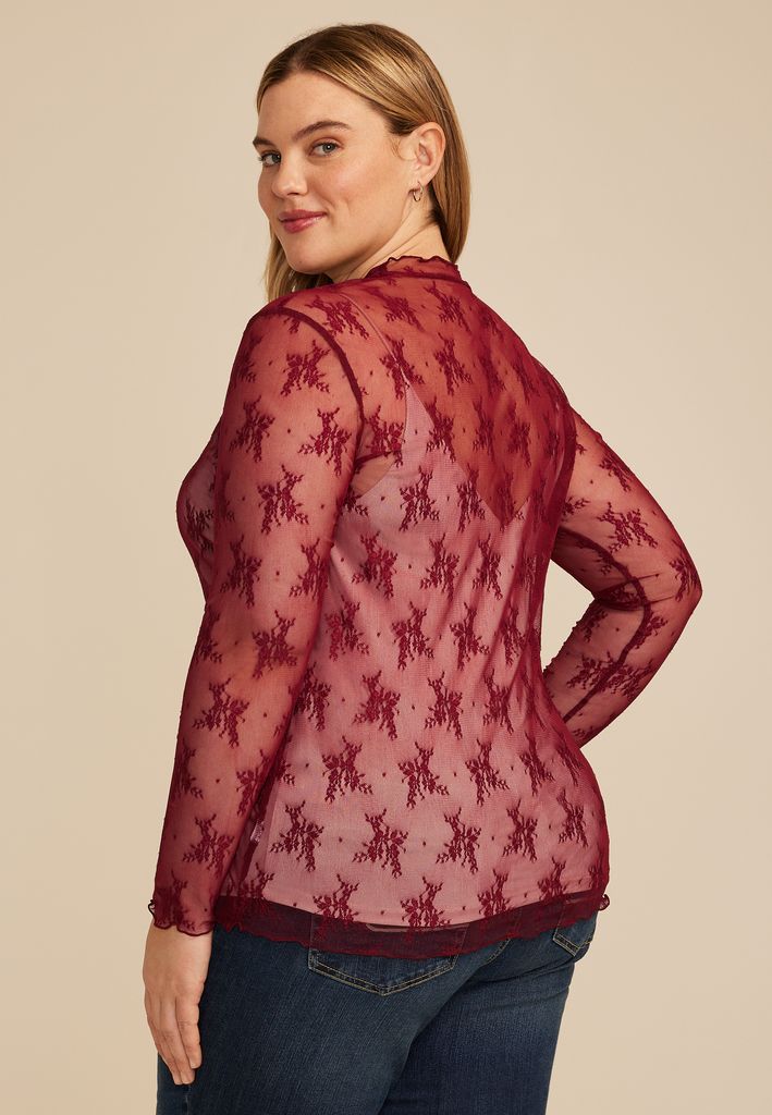 Plus Size Embroidered Floral Sheer Lace Mock Neck Blouse - Image 2