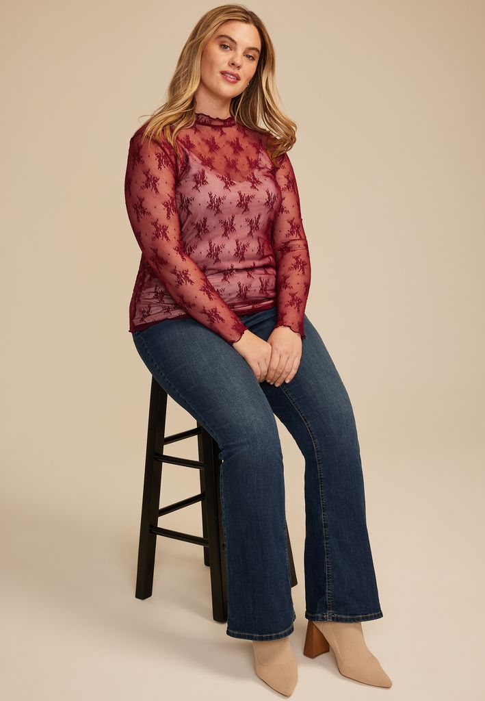 Plus Size Embroidered Floral Sheer Lace Mock Neck Blouse - Image 3