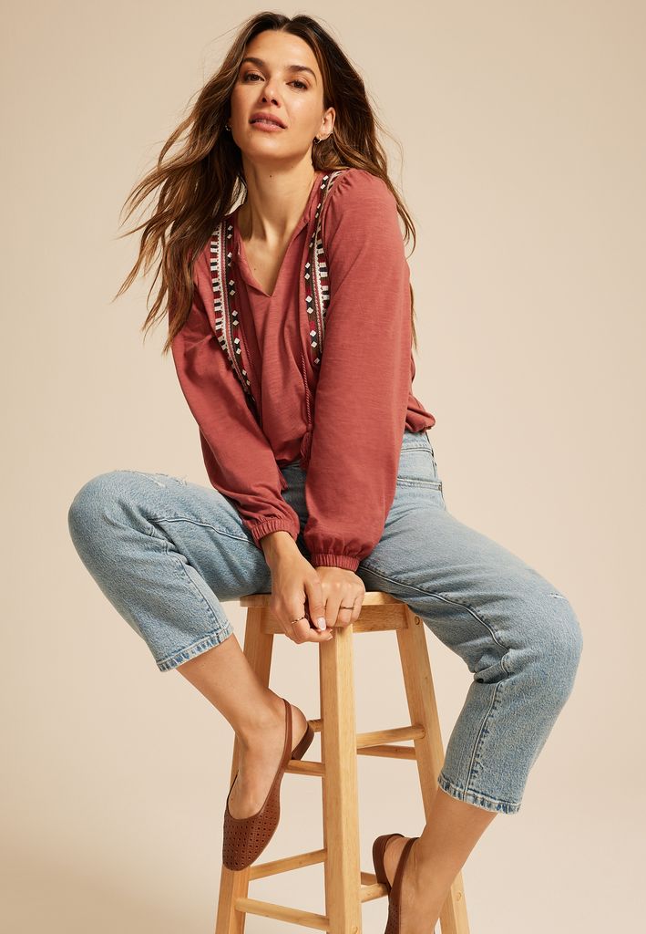 Embroidered Long Sleeve Tie Front Blouse - Image 3