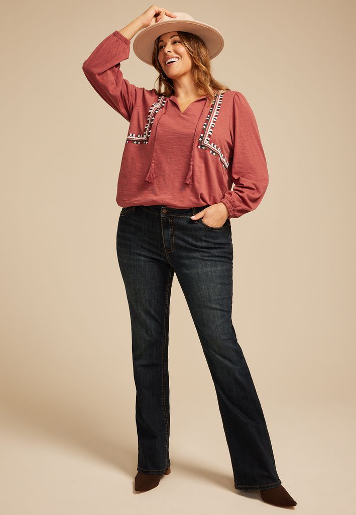 Plus Size Embroidered Long Sleeve Tie Front Blouse - Image 3