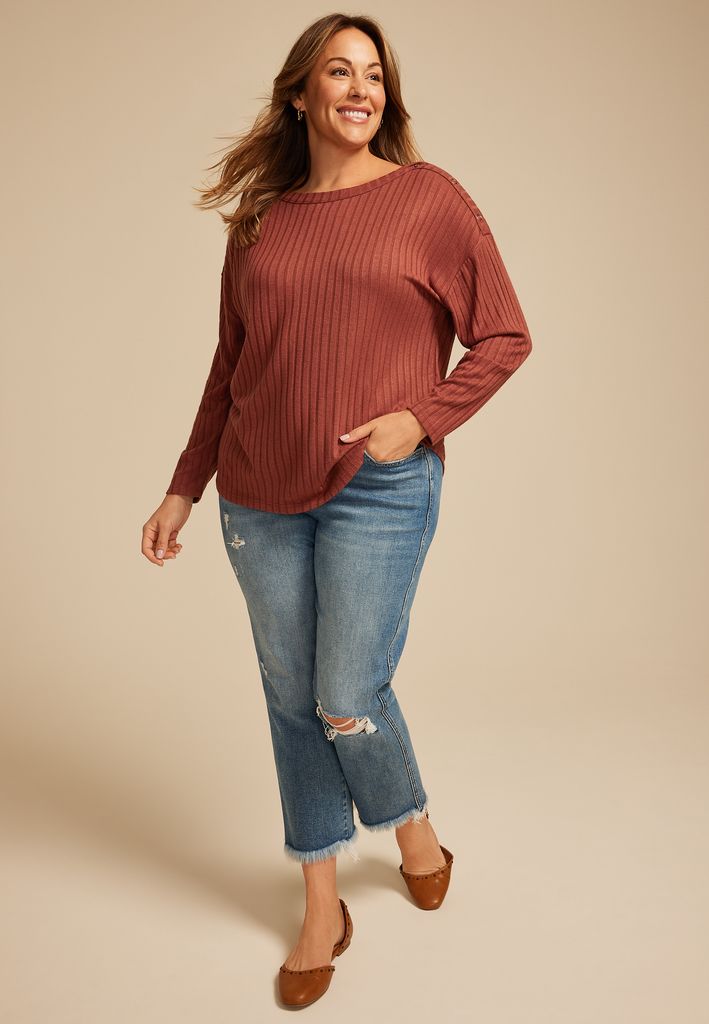 Plus Size Ribbed Knit Snap Shoulder Top - Image 3