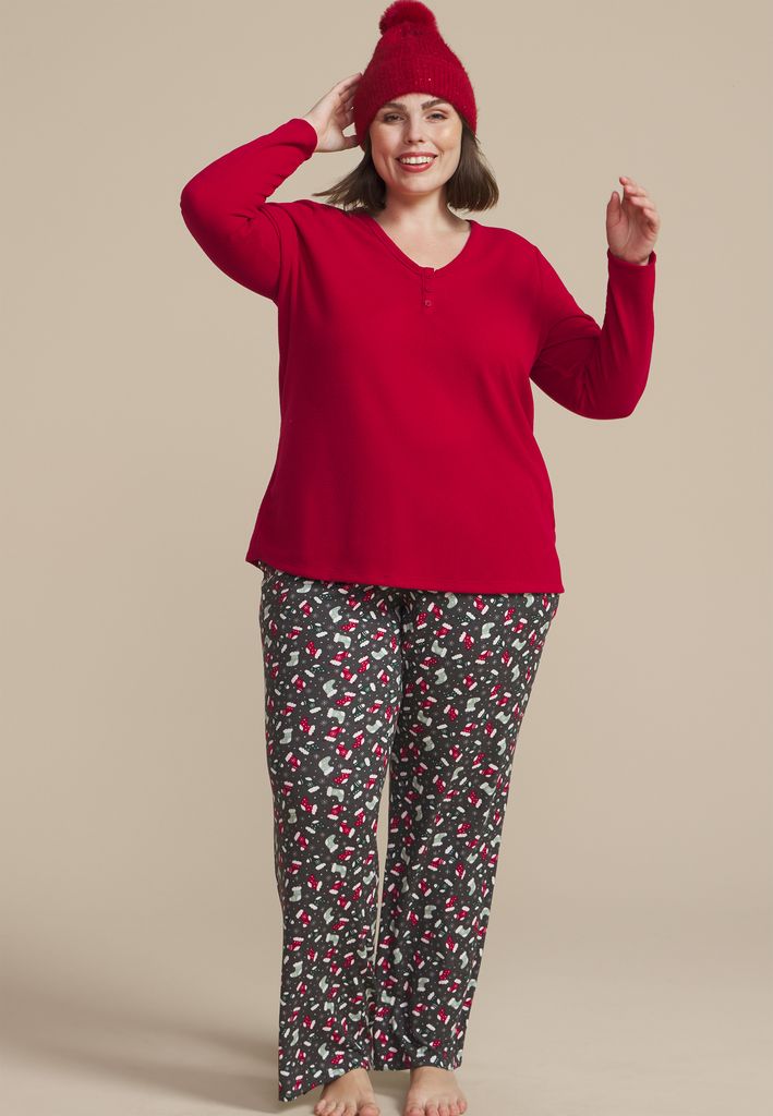 Plus Size Hacci Henley Long Sleeve Tee And Wide Leg Pajama Set - Image 3