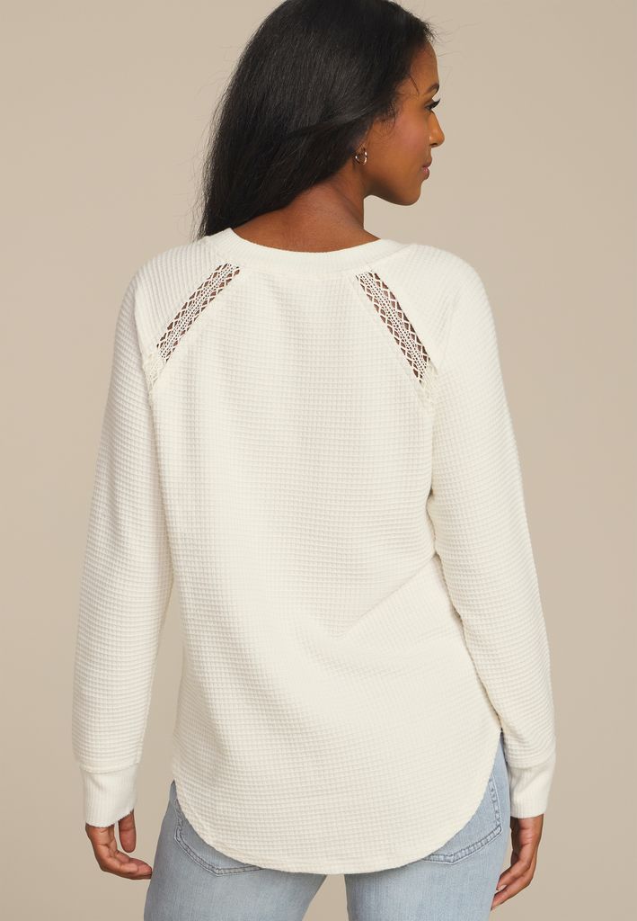 Crochet Trim Waffle Knit Long Sleeve Tee - Image 2
