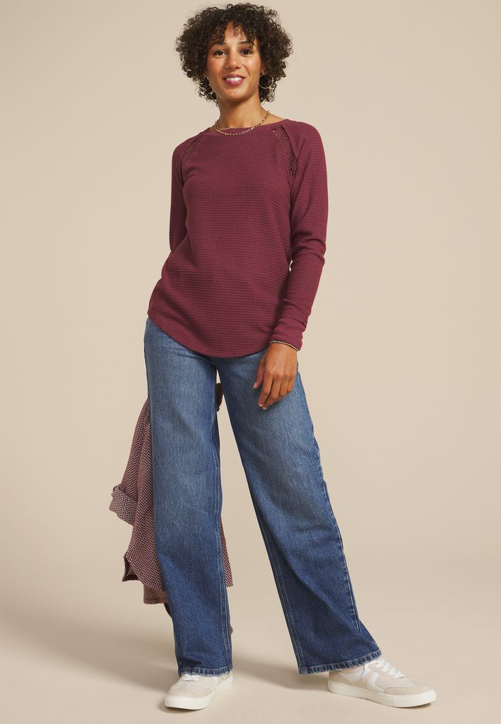 Crochet Trim Waffle Knit Long Sleeve Tee - Image 3