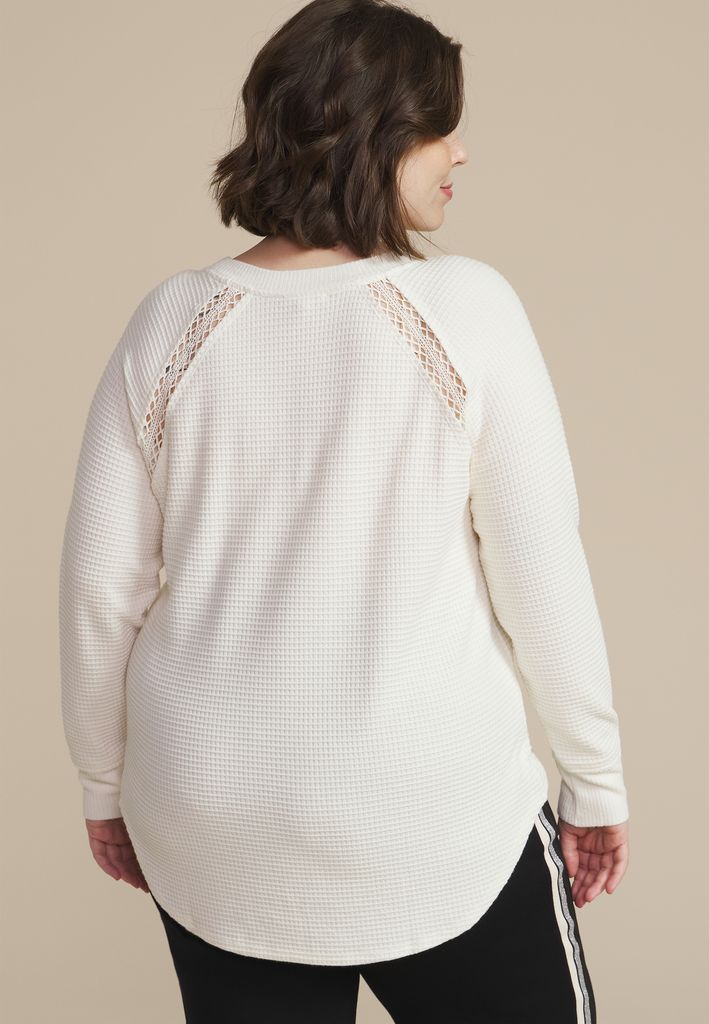 Plus Size Crochet Trim Waffle Knit Long Sleeve Tee - Image 2