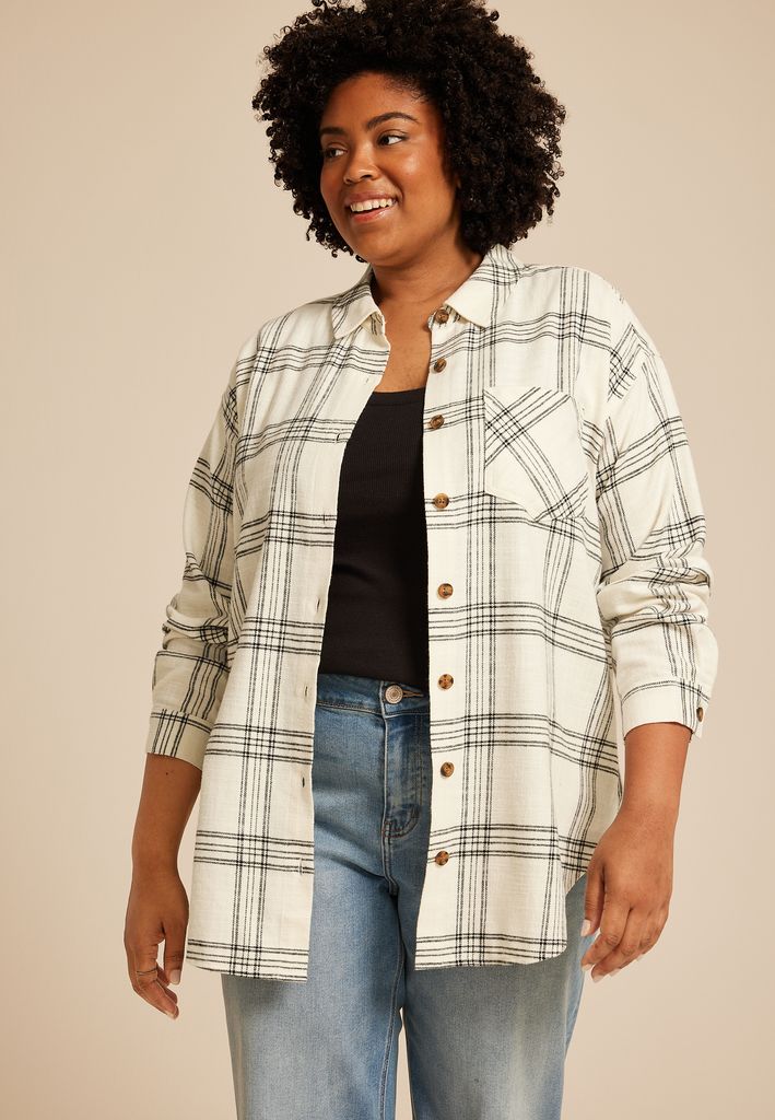 Plus Size Cabin Plaid Boyfriend Tunic Button Down Shirt - Image 3