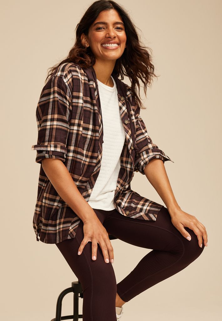 Plaid Hooded Boyfriend Button Down Shirt - Image 3