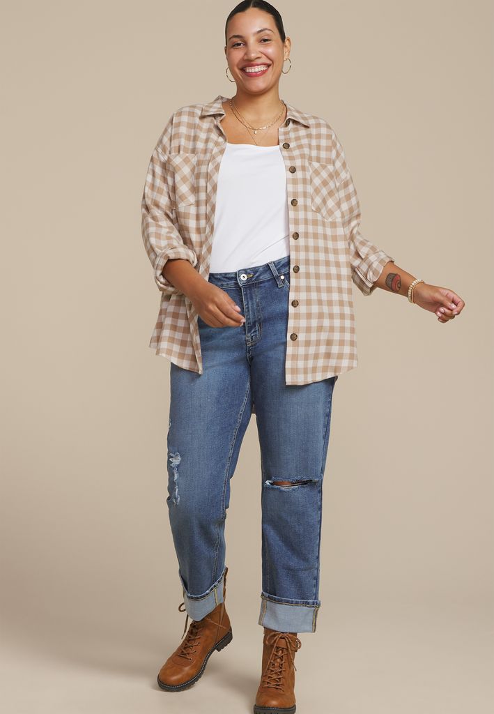 Plus Size Plaid Button Down Boyfriend Shirt - Image 3