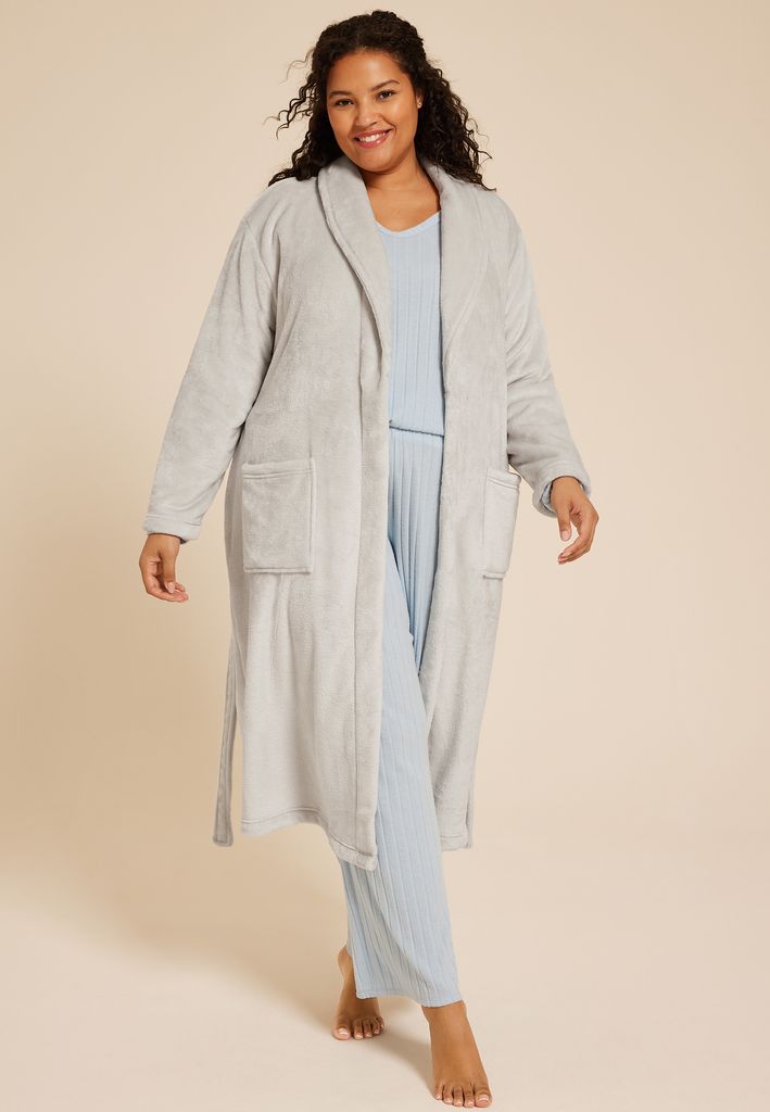 Plus Size Gray Plush Long Robe - Image 3