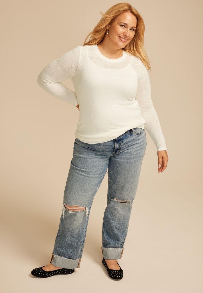 Plus Size Floral Jacquard Mesh Top - Image 3