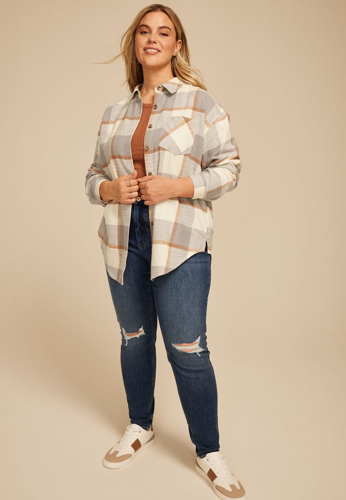 Plus Size Cabin Plaid Boyfriend Tunic Button Down Shirt - Image 3