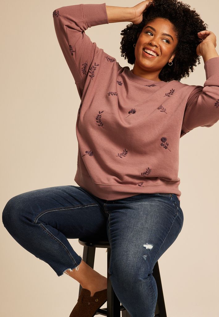 Plus Size Mauve Floral Embroidered Relaxed Fit Sweatshirt - Image 3