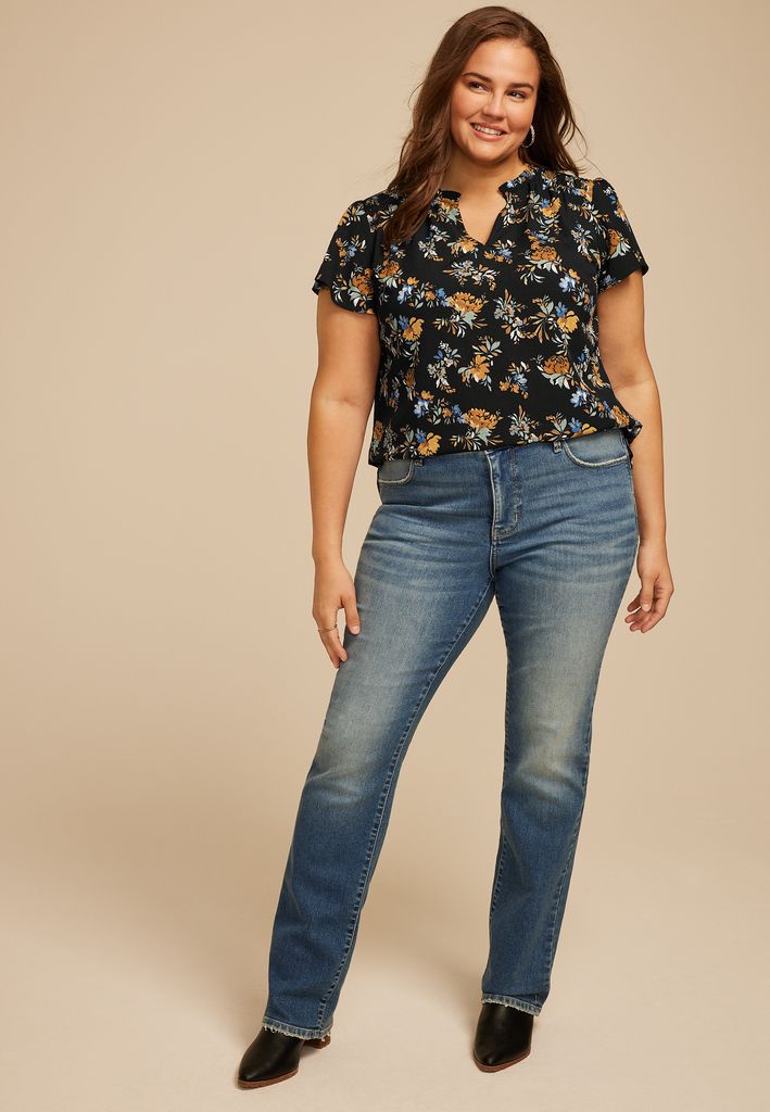 Plus Size Atwood Floral Smocked Shoulder Flutter Sleeve Blouse