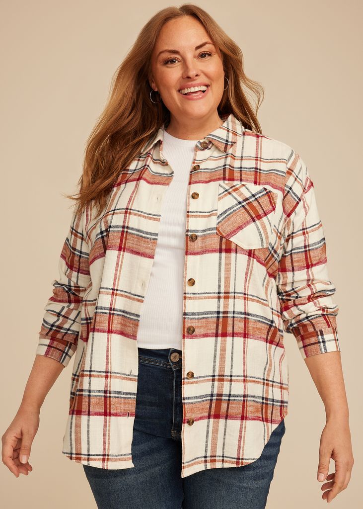 Plus Size Cabin Plaid Boyfriend Tunic Button Down Shirt - Image 3