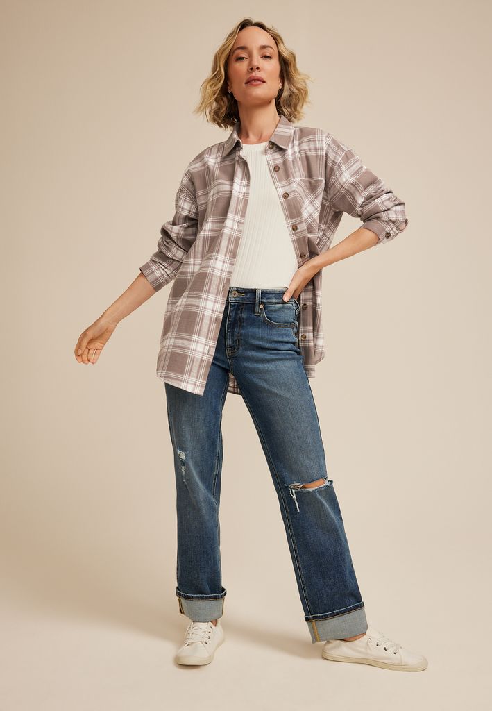Cabin Plaid Boyfriend Tunic Button Down Shirt - Image 3