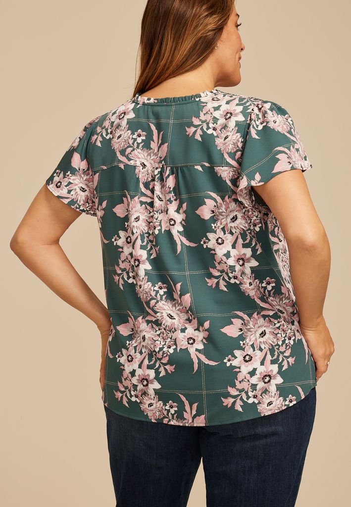 Plus Size Atwood Floral Smocked Shoulder Flutter Sleeve Blouse - Image 2