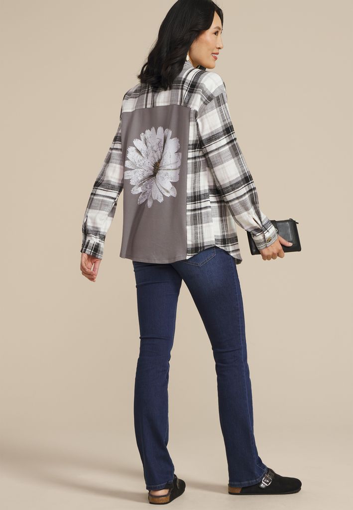 Cabin Plaid Graphic Back Floral Button Down Shirt - Image 3