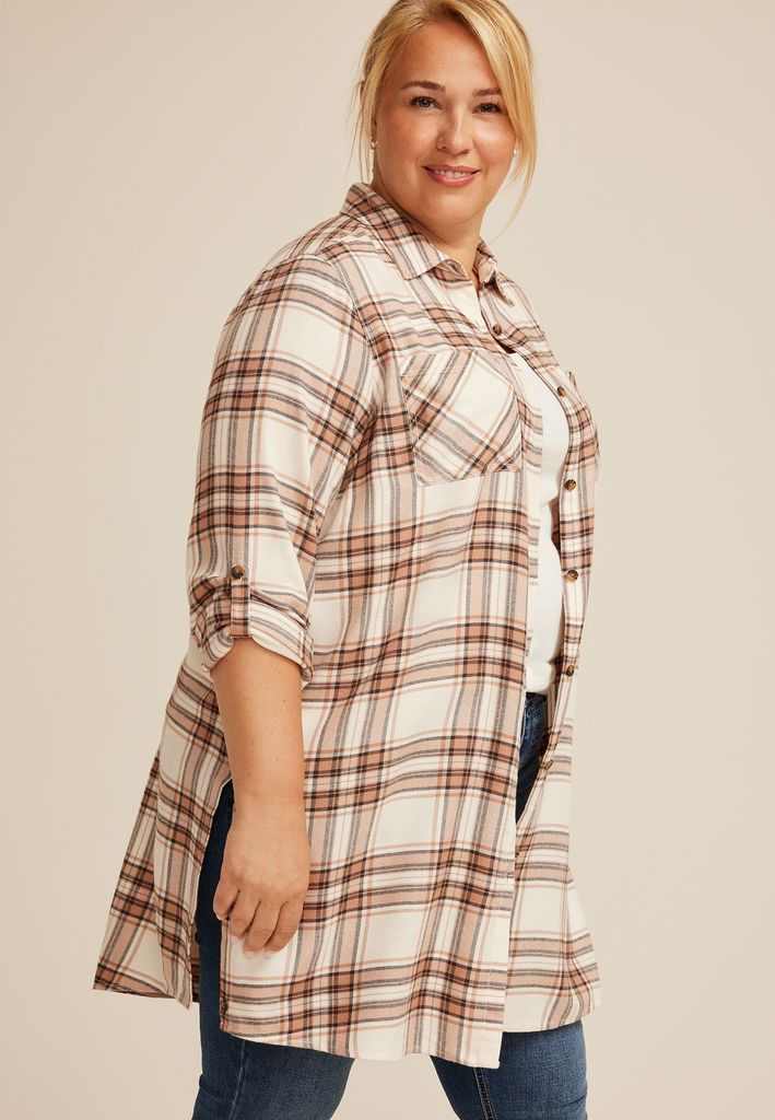 Plus Size Plaid Button Down Duster Shirt - Image 3